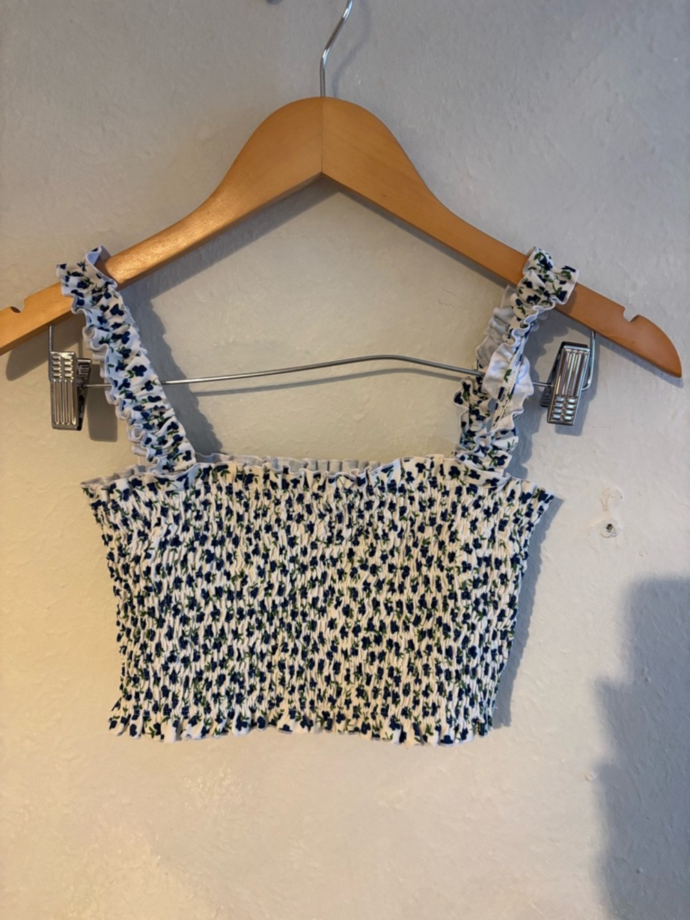 Faithfull the Brand White Smocked Crop Top with Blue‎ and Green Floral